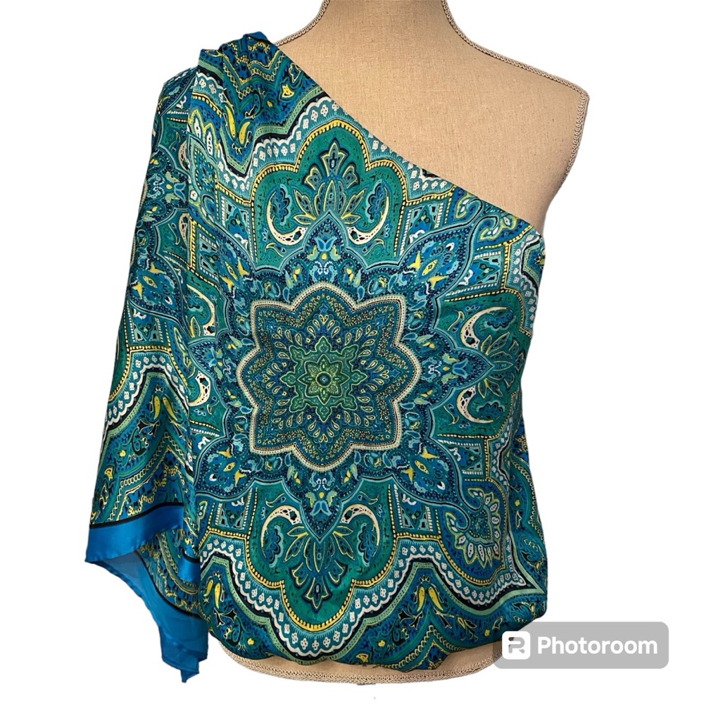ARDEN B TOP 1 SHOULDER BLUE GREEN WHITE FLORAL SPLIT FLOWING SLEEVE SIZE S